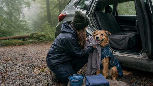 Dog being towel-dried after a rainy trail walk beside a protected SUV back seat