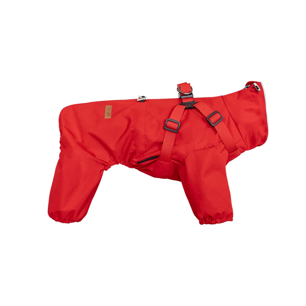 Red dog coat with harness on a white background