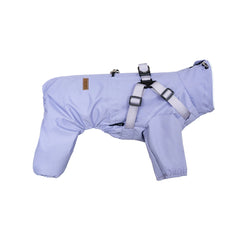 Light blue dog coat with harness on a white background