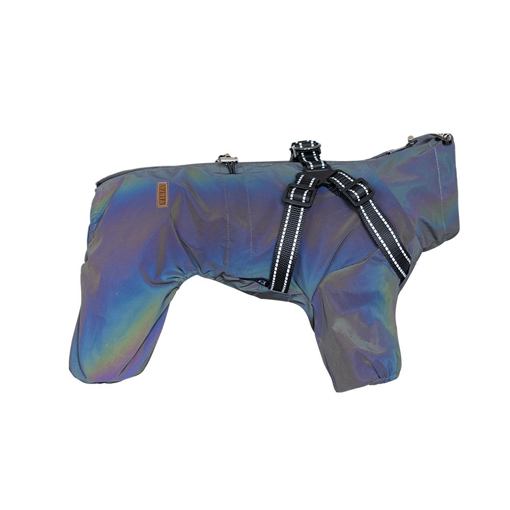 Reflective dog coat with zippers on a white background